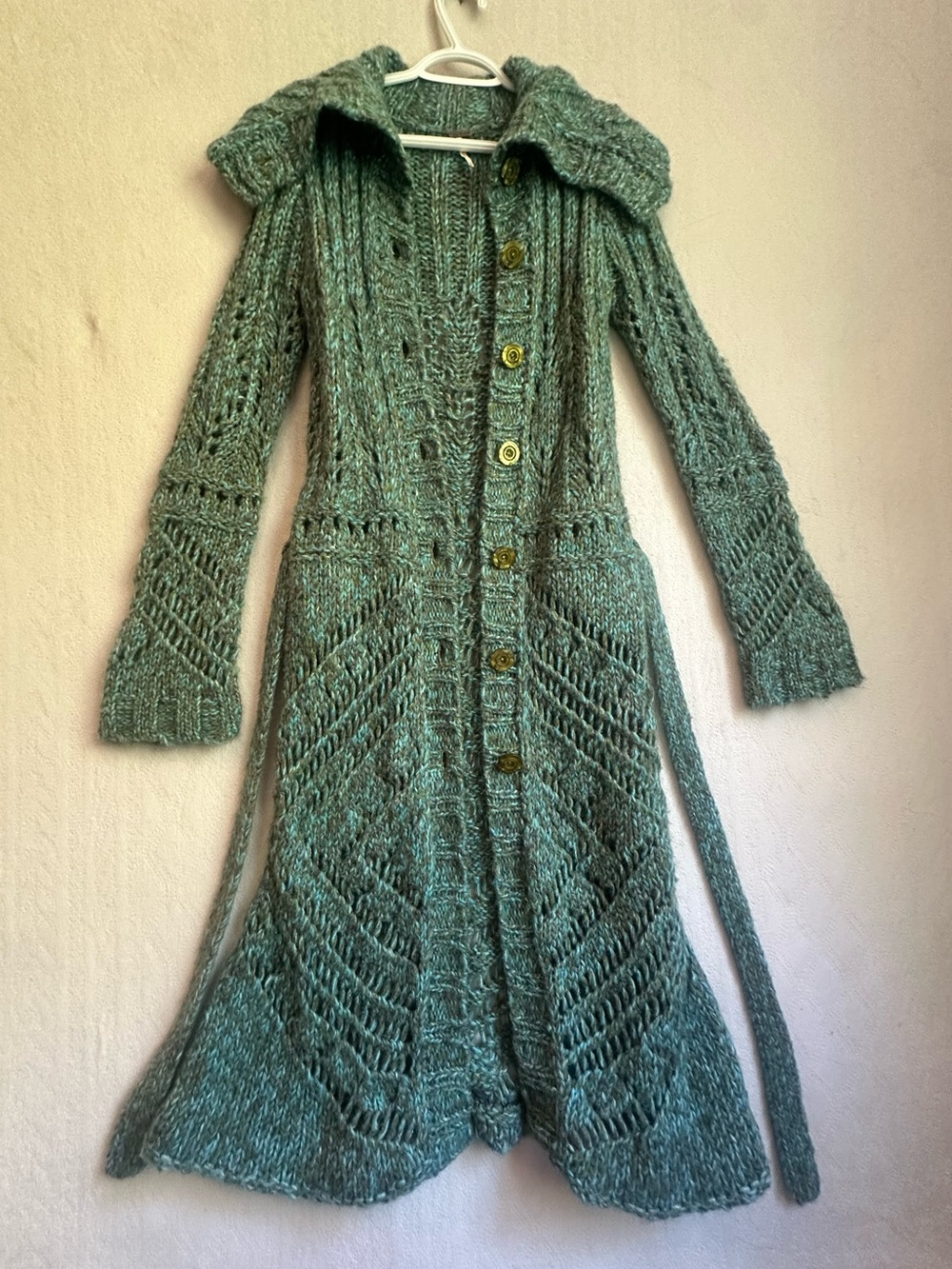Free People Budapest Maxi Dreamer Cardigan Green Knit Button-Front Duster Sz M